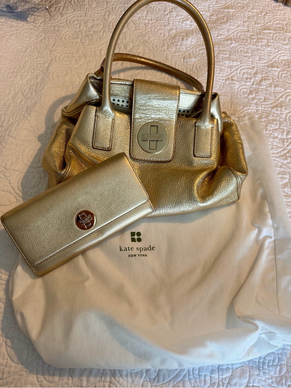 Kate Spade New York Gold Metallic Satchel Bag with Matching Wallet